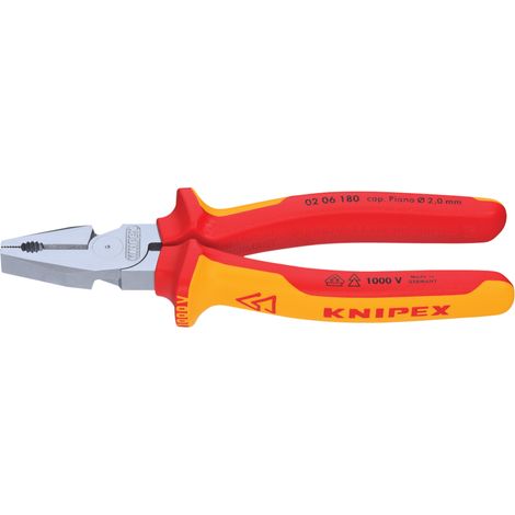 KNIPEX 02 06 180 Kraft-Kombizange isoliert mit Mehrkomponenten-Hüllen, VDE-geprüft verchromt 180 mm