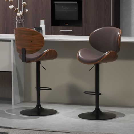 Lot de 2 tabourets de bar 360° pivotants réglables en hauteur, en bois et similicuir, avec dossier ergonomique et repose-pieds, pour îlot de cuisine et comptoir - Marron