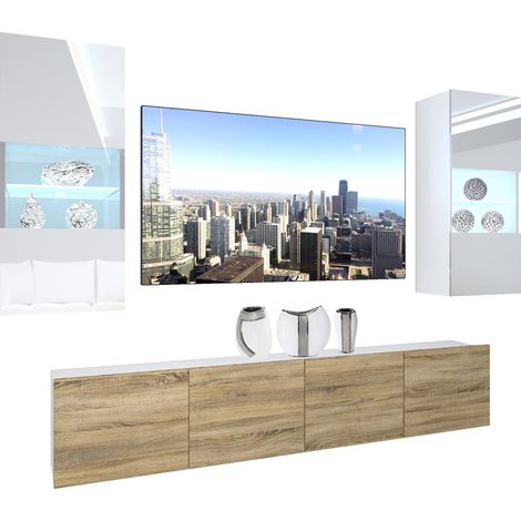 BELINI Wohnwand Vollausstattung Wohnzimmer-Set Moderne Schrankwand mit LED-Beleuchtung Anbauwand TV-Schrank Weiß/Sonoma Eiche (1/5)