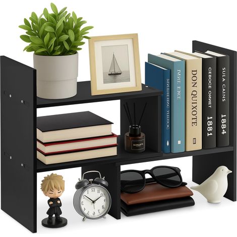 Bookcase Wood Desktop Book Shelf Expandable Desk Organiser Office Storage Bookcase for Home or Office Black (White) (1/5)