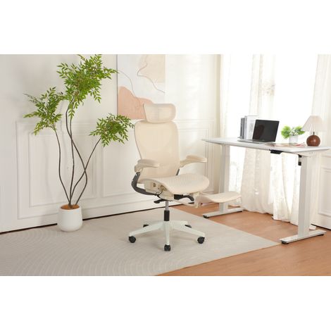 Chaise de bureau ergonomique pliante en maille avec appui-taille réglable et appui-tête 3D, couleur crème (1/5)