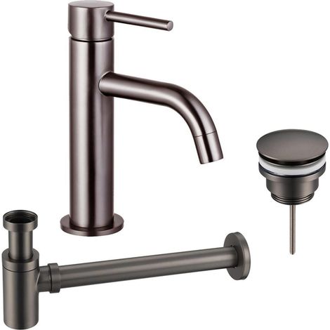 FugaFlow Eccelente Sobrado Slim Slim Kit mitigeur lavabo - robinet bas - bonde clic clac - siphon design bas - PVD Gunmetal (1/4)