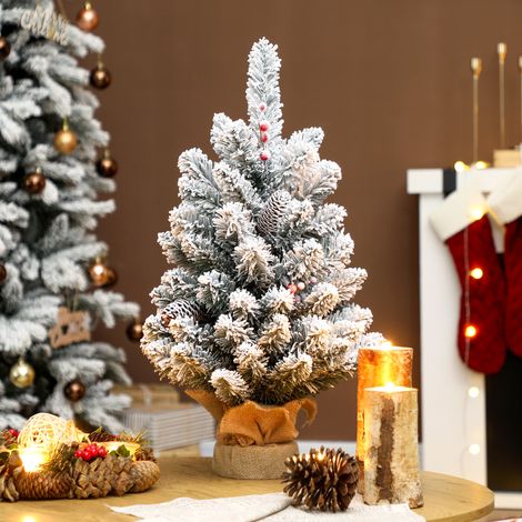 Kleiner Weihnachtsbaum, 60 cm hoch, Mini-Weihnachtsbaum mit 72 dicken Zweigen, Tannenzapfen und roten Beeren, feuerfeste Weihnachtsdekoration mit Stofffuß, Grün