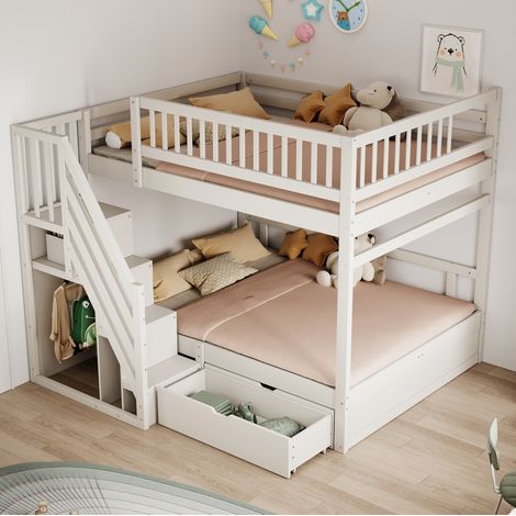 Bett Etagenbett modern aus Holz Weiß 140x200 cm mit Lattenrost, Sicherheitsleiter mit Stauraum und Schubladen (1/5)