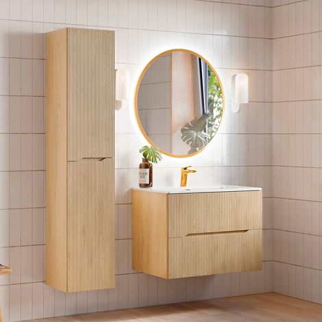 Ensemble meuble simple vasque encastrée 80cm et colonne Isaline Bois (1/5)