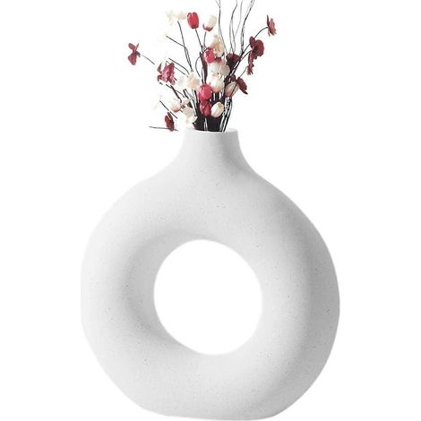Vase en céramique moderne de style nordique, forme ronde, design ajouré en forme de donut, vase rond en céramique beige et blanche (1/5)