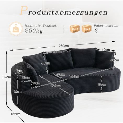 Canapé Bogesofa en velours côtelé doux et respirant, avec porte-gobelet et poche de rangement. Mousse haute densité pour un confort assis optimal. Coussin compressé inclus, prêt à l'emploi immédiat. I (1/4)