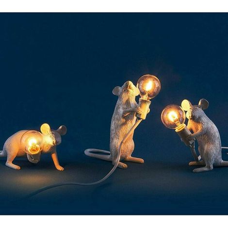 Lampe De Table - Souris En Résine - Lot De 3 Modèles Assise Couchée Debout - Cordon 1,8 M Avec Interrupteur Poussoir - Pour Chambre Bureau Salon Enfant - 3 Pièces