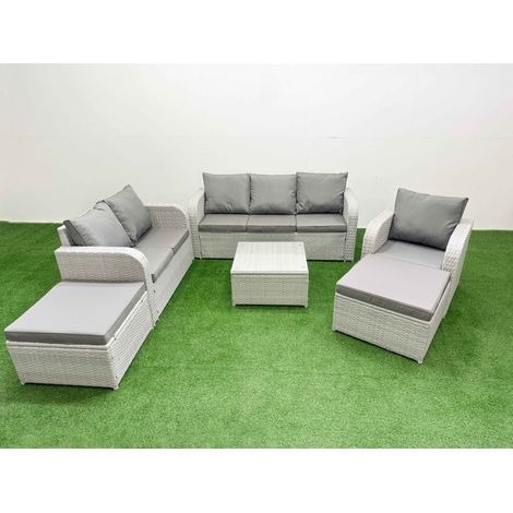 Fimous Patio PE Wicker 8 Seater Outdoor Rattan Furniture Sofa Sets with Square Coffee Table Reclining Chair Loveseat Sofa 3 Seater Sofa 2 Big Footstools Side Table Light Grey (1/4)