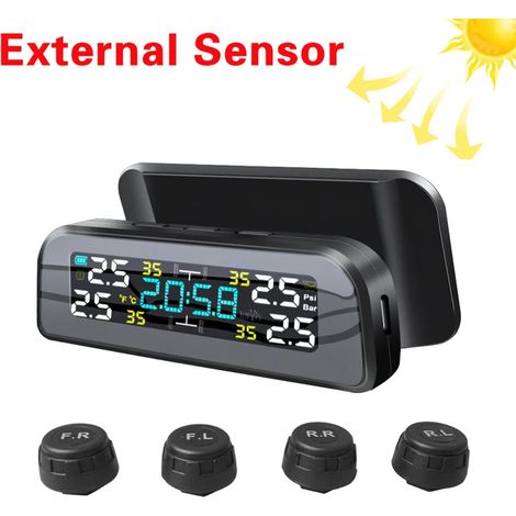 (T3 Externe) Système de surveillance de la pression des pneus (TPMS) solaire pour véhicule, avec alarme et avertissement de température réglable à 360°. (1/5)