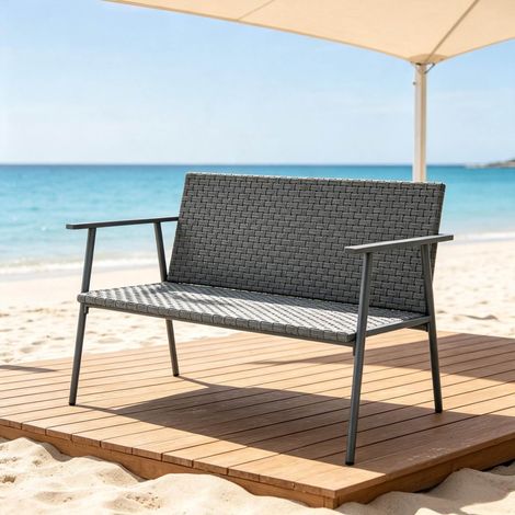 Panca da giardino in rattan intrecciato, 2 posti, piedi regolabili, struttura in acciaio zincato, grigio (1/5)