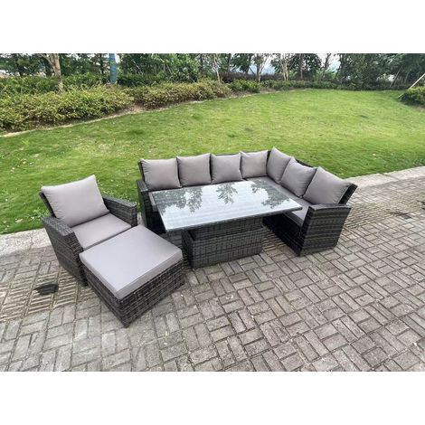 Fimous 8 Seater Outdoor High Back Rattan Adjustable Rising Lifting Dining Table Corner Sofa Set Garden Furniture Set Dark Grey Mixed Right Hand (1/4)