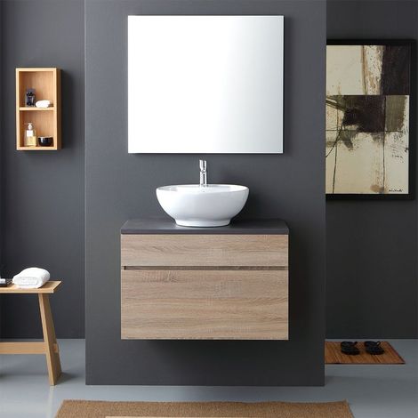 Mueble Suspendido Para Bano De 80Cm Con Encimera De Madera En Antracita Y Lavabo De Apoyo Sole (1/5)