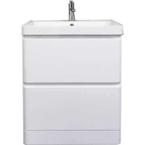 Meuble salle de bain BORA 80 cm blanc brillant avec vasque à poser et plan résine, ensemble lavabo élégant et fonctionnel (1/4)