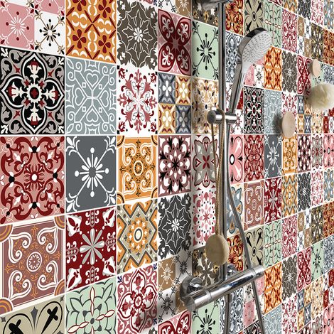 Sticker Mural Carrelage adhésif Cuisine Salle de Bain - 30 STICKERS CARREAUX DE CIMENT FARRAH - 30stickers20x20cm (1/5)