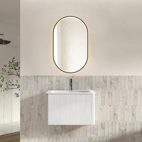 Ensemble Meuble Salle de Bain 60 cm avec Vasque Suspendue et Miroir LED Ovale Meuble sous Vasque Préassemblé (1/5)