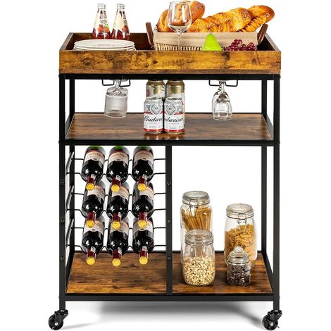 Goplus – Desserte de cuisine 71 x 45 x 93cm – Chariot de service à roulettes – 3 niveaux de rangement – Casier à vin pour 9 bouteilles (1/5)