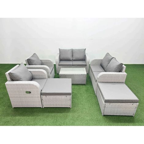 Fimous 8 Seater Outdoor Reclining Chair Love Sofa Set Rattan Garden Furniture Set with Rectangular Coffee Table 2 Big FootStools Light Grey (1/4)