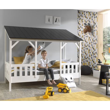 Kinder- Hausbett ALEXANDRIA-12 mit 90 x 200 cm Liegefläche, Dach in schwarz - B/H/T: 214,2/174/105,3cm (1/4)