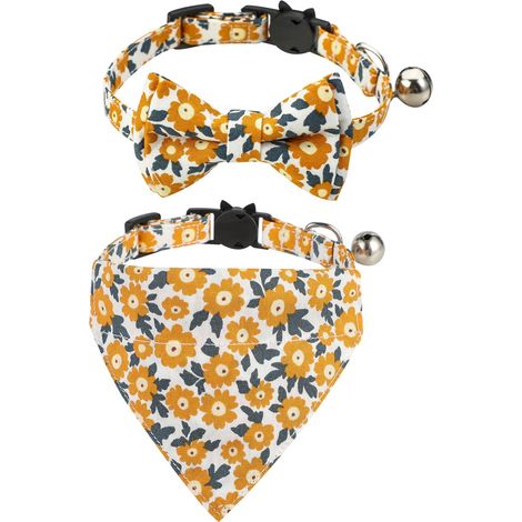 2 pièces Collier pour chat, bandana et nœud papillon avec clochette, sécurité rapide, motif floral, plusieurs couleurs (1/5)