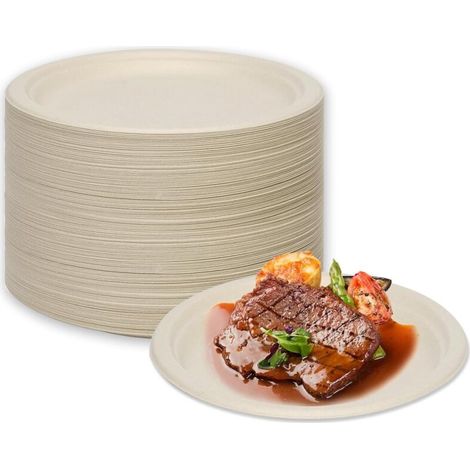 Einwegteller, 100 Stück, Zuckerrohrbagasse, Pappteller für Picknicks, Partys, Grillfeste, Geburtstage (Natur, 22,8 cm)