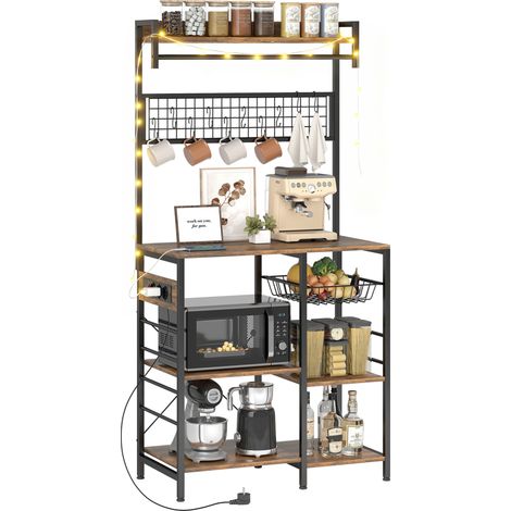 Étagère de cuisine 3 prises avec lampes LED industrielles pour micro-ondes 80x42x162 cm marron rustique