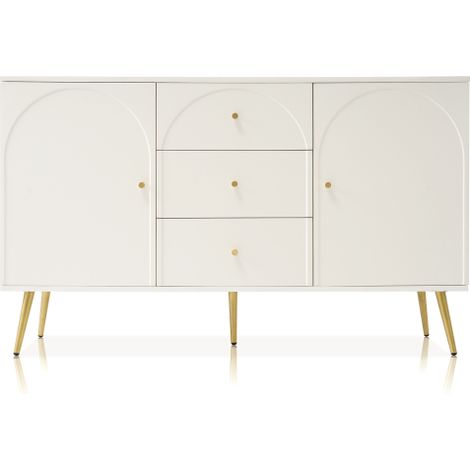 Commode 2 portes, 3 tiroirs, étagère réglable, blanc crème 140 cm (1/5)