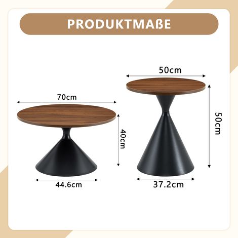 Lot de 2 tables basses Sanduhr, design conique unique, plateau stratifié noyer, pieds en acier noir, modèle empilable gain de place, parfait pour salon, chambre ou bureau. (1/5)