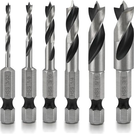 6-teiliges Set mit versetzten Bohrern, 1/4"-Sechskantschaft-Holzbohrern, HSS-Spiralbohrern, kurzen Sechskantschaftbohrern für Holz und Weichmetalle (1/5)