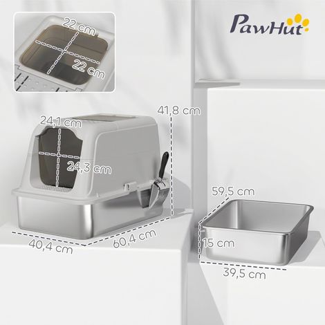 Bac à litière chat acier inoxydable, toilettes félin avec couvercle et porte frontale, sortie supérieure, pelle incluse, idéal jusqu'à 8 kg. (1/5)