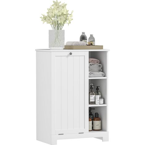 Meuble de salle de bain avec panier à linge amovible, étagère réglable et compartiments, 60 x 38 x 86 cm, blanc (1/5)