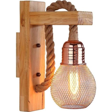 Industrial Hemp Rope Led Wall Light / Wooden Lamp, E27 Basepink (1/5)