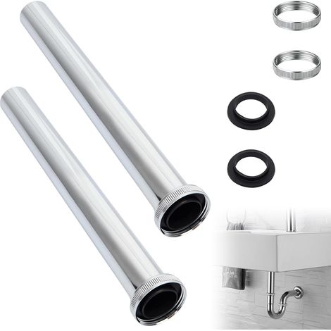 Lot de 2 siphons plongeurs universels pour siphon de 300 mm, avec écrou et rondelles en caoutchouc d'étanchéité pour raccord d'évacuation, rallonge sous le lavabo (argenté) (1/5)