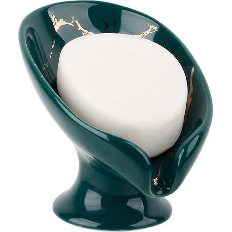 Porte-savon en céramique, imitation marbre, en forme de feuille, vert, avec égouttage intégré. Idéal pour la salle de bain. (1/5)