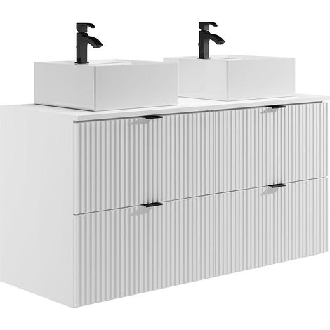Mobile per bagno sospeso con scanalature con lavabo da incasso quadrato - Bianco opaco - 120 cm - ZEVINI