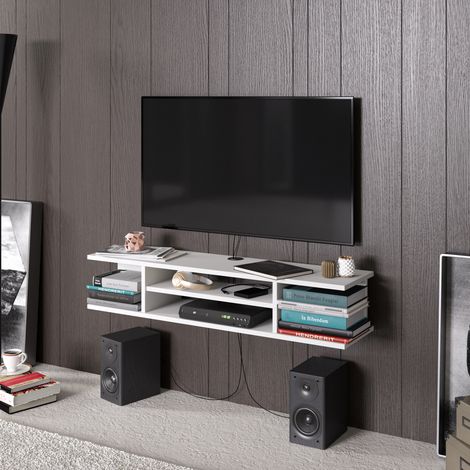 Decorotika Pivot 120 Cm Wide Floating Wall Mounted Meuble TV Meuble TV TV Cabinet Storage With Open Shelves (Blanc)