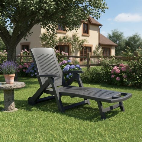 Tumbona Adam, Silla de Jardín con Ruedas, Plegable Hecha en Italia, Soporta 120 kg, 195x72x101h cm Negro Antracita (1/3)