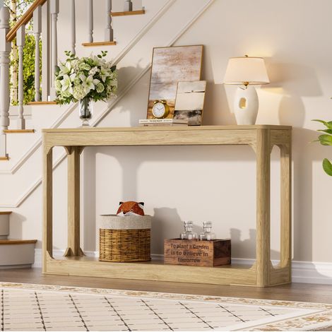 Mesa consola de MDF 140 cm color madera natural, estrecha con estantes abiertos, para recibidor o detrás del sofá (1/5)