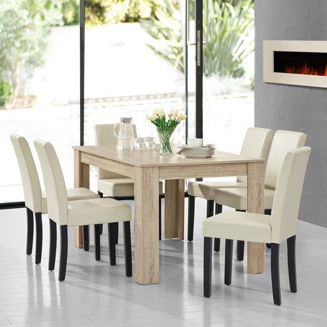 Mesa de comedor + 6 sillas Forssa MDF y polipiel 140x90x77cm - Roble claro + Crema [en.casa] (1/5)