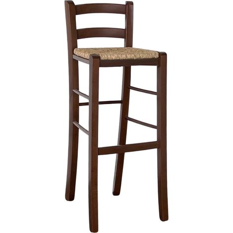 Tabouret de bar en noyer foncé h 80 cm avec dossier en paille (1/5)