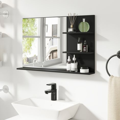 Miroir de bain design noir 75x10x48 cm, doté d'étagères latérales et d'une tablette inférieure en verre et bois, idéal pour salle de bain moderne.