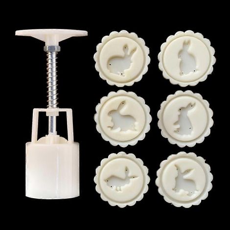 Moule à gâteaux de lune 50 g, 6 tampons lapin, moule à pâtisserie à presser à la main, ustensiles de cuisson à faire soi-même (1/4)