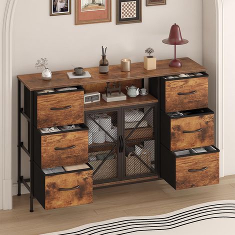 Kommode mit 6 Stoffschubladen, Schubladenschrank mit Gittertür und Ablagefach, Stoffboxen und Metallrahmen, Stoffkommode für Schlafzimmer, Kleiderschrank, Flur und Wohnzimmer, Braun (1/5)