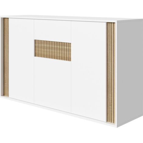 Commode 140 x 40 x 82 cm 3 portes 1 tiroir éclairage led réglable finition blanche aspect bois naturel (1/4)