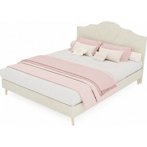 CHICFURN lit coffre bas tissu beige 140 x 200 tête de lit géométrique (1/5)