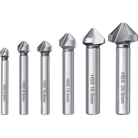 Lot de 6 fraises à chanfreiner coniques 90° HSS 6542, fraises à ébavurer cylindriques pour bois, métal, PVC, pour machine-outil, tailles 6.3 / 8.3 / 10.4 / 12.4 / 16.5 / 20.5 mm (1/5)