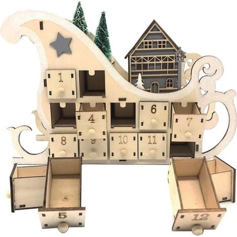 Calendrier de l'Avent en bois à remplir - Calendrier de Noël avec 24 tiroirs - DIY - Luge - Maison de Noël - Décoration de table - Kit de bricolage 2023 - compte à rebours (1/5)