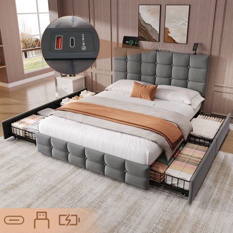 4ft6 Double Upholstered Bed with 4 Storage Drawers, Velvet Bed Frame with Charging Station. Adjustable Button Tufted Headboard with USB and Type - C Ports, No Box Spring Needed, Grey (No Mattress)