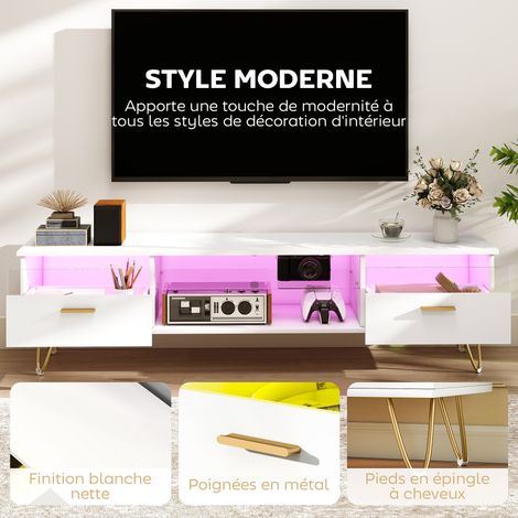 Meuble TV avec LED RGB de 16 couleurs meuble télé pour téléviseur jusqu'à 42 à 120 pouces, 160x35x42cm, blanc (1/5)