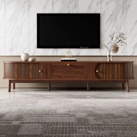 Meuble tv en bois massif moderne avec tiroirs, coins arrondis et pieds en bois pour salon (1/5)